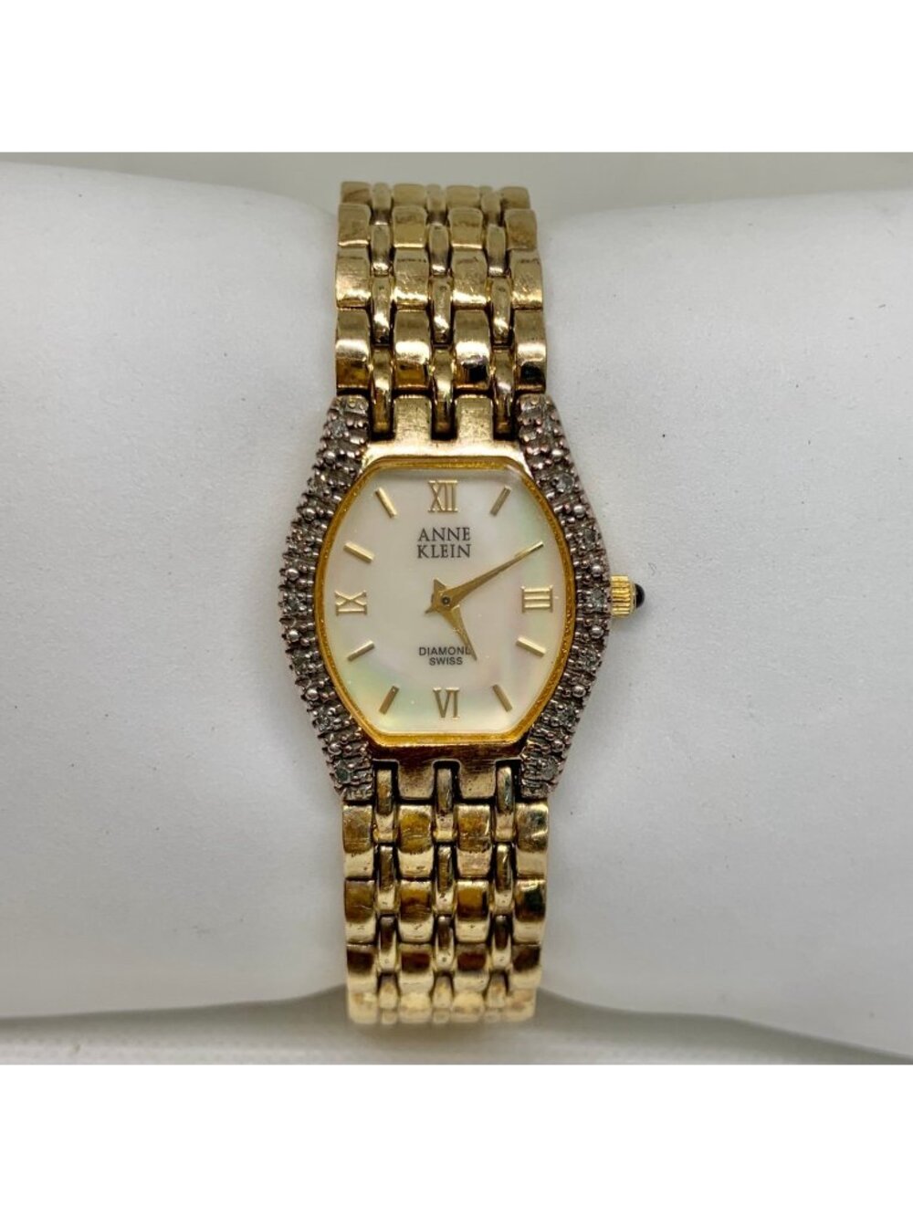 Vintage Anne Klein Swiss Diamond gold tone watch 22mm Quartz Mop dial running